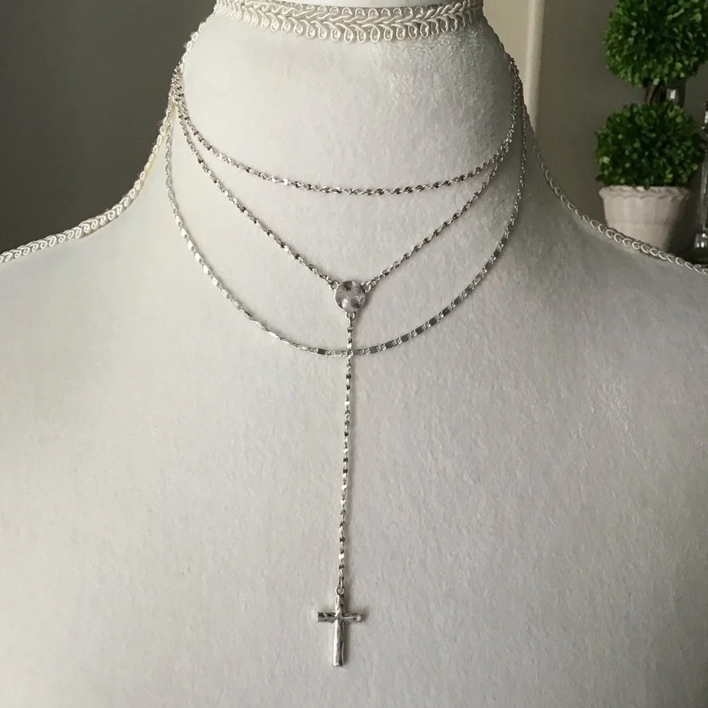 Cross Necklace Delicate 3-Chain Silver-Tone Waterfall Rosary Style Boho Feminine